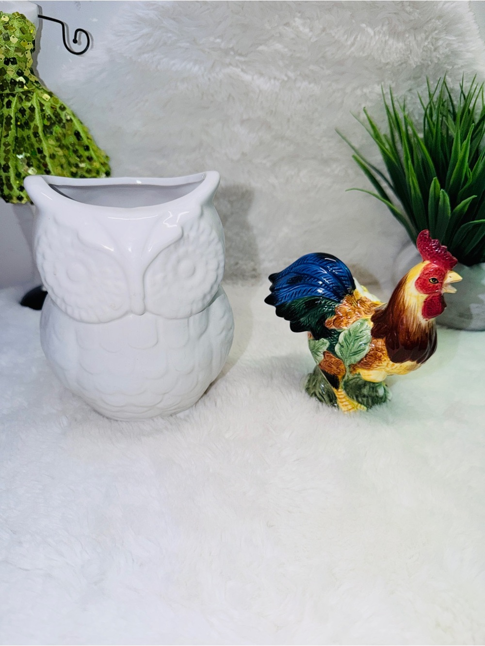 7” White Ceramic Owl Utensils Holder Plus 6” Ceramic Rooster 🐔